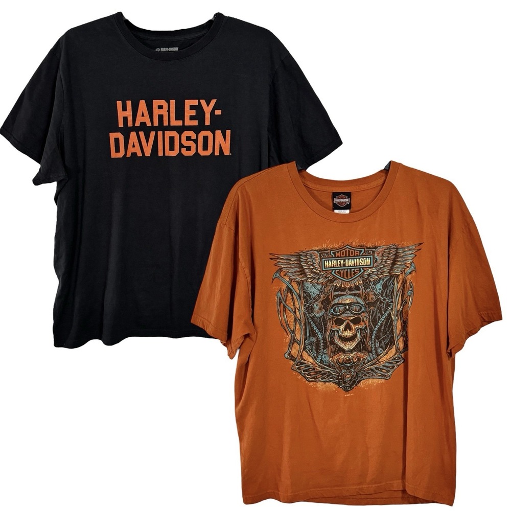 Lot Of 2 Harley Davidson T‎ Shirts Size 2XL Black Logo Orange Skull Eagle Adamec